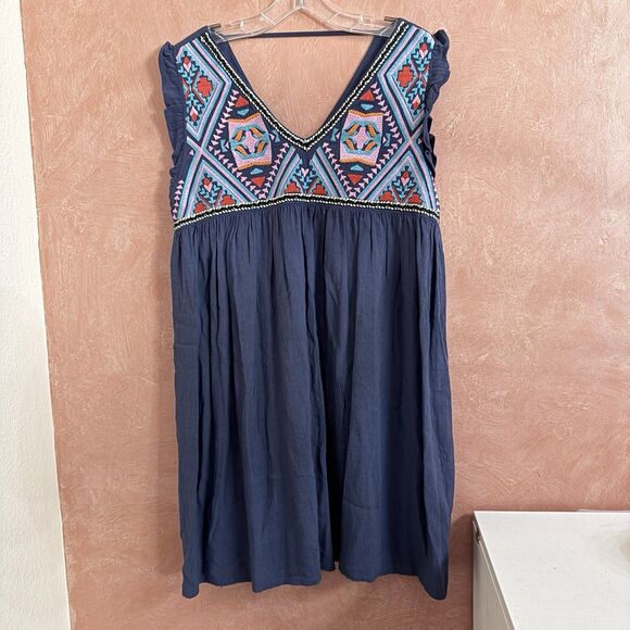 THML Tops - THML Boho Embroidered Flutter Sleeve Tunic Top Navy Blue Floral Size Medium